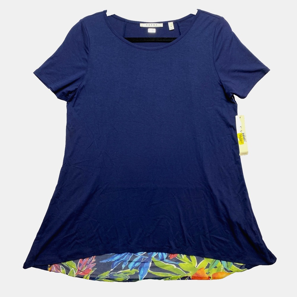 Cyrus Top Womens Medium Blue Short Sleeve Sheer Floral Back Tunic